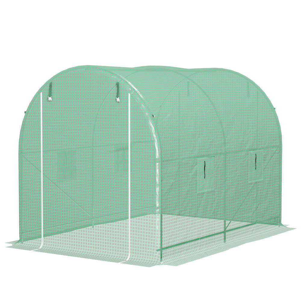 Serre de Jardin Tunnel Surface Sol 6 m² 3L x 2l x 2,10H m châssis Tubulaire renforcé Double Porte zippée 4 fenêtres enroulables Vert