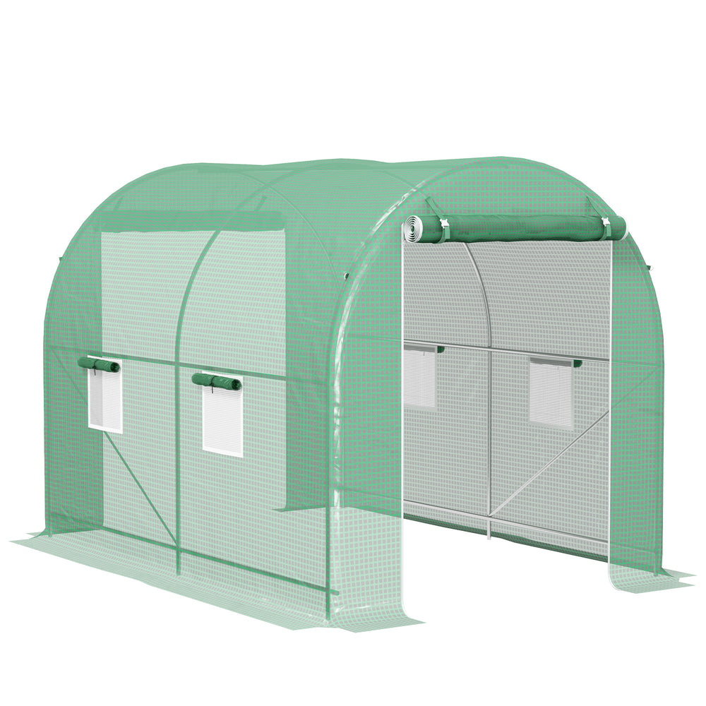 Serre de Jardin Tunnel Surface Sol 6 m² 3L x 2l x 2,10H m châssis Tubulaire renforcé Double Porte zippée 4 fenêtres enroulables Vert