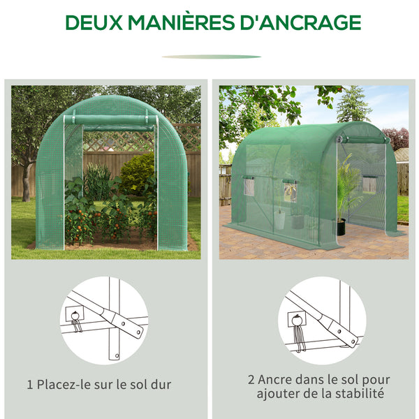 Serre de Jardin Tunnel Surface Sol 6 m² 3L x 2l x 2,10H m châssis Tubulaire renforcé Double Porte zippée 4 fenêtres enroulables Vert