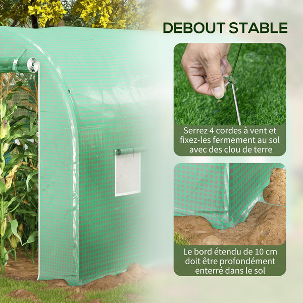 Serre de Jardin Tunnel Surface Sol 6 m² 3L x 2l x 2,10H m châssis Tubulaire renforcé Double Porte zippée 4 fenêtres enroulables Vert