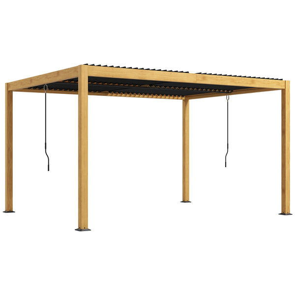 Pergola bioclimatique en aluminium 3 x 4 m pergola jardin extérieur avec lames orientables manivelle, style contemporain - noir et naturel effet grain de bois