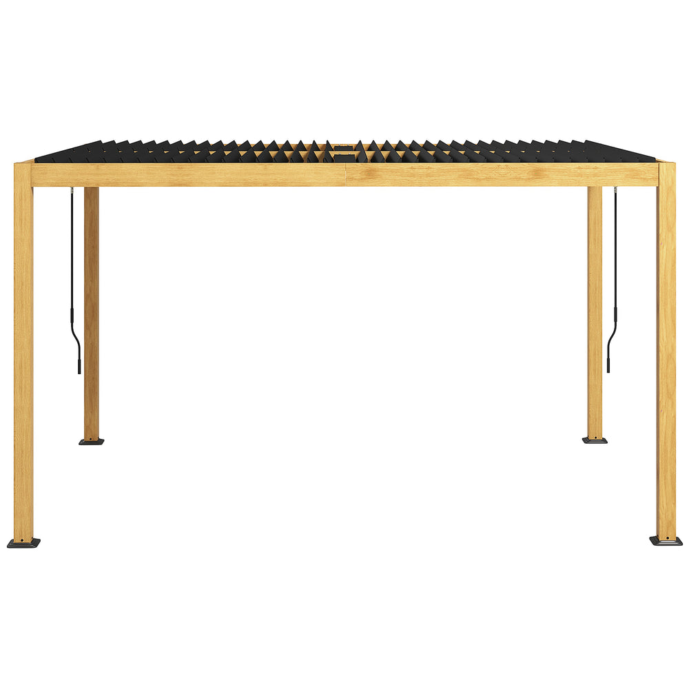 Pergola bioclimatique en aluminium 3 x 4 m pergola jardin extérieur avec lames orientables manivelle, style contemporain - noir et naturel effet grain de bois