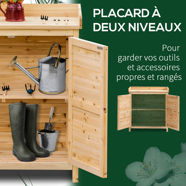 Armoire de jardin remise pour outils sur pied placard avec double porte et étagère interne en bois massif sapin pré-huilé dim. 83L x 40l x 92H cm naturel