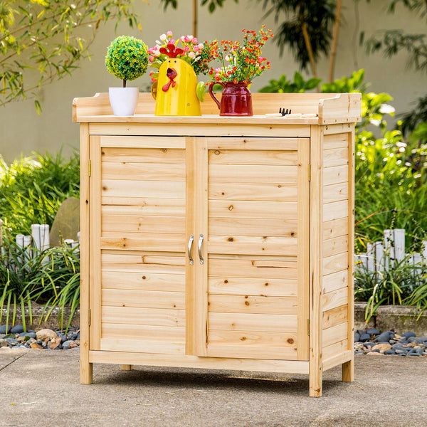 Armoire de jardin remise pour outils sur pied placard avec double porte et étagère interne en bois massif sapin pré-huilé dim. 83L x 40l x 92H cm naturel